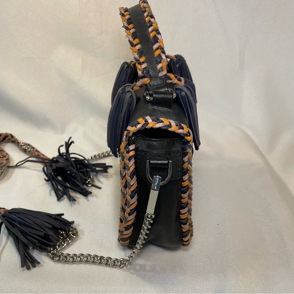 Rebecca Minkoff Black Leather Crossbody Bag Silver Chain Braided Tassels Boho - Picture 4 of 15